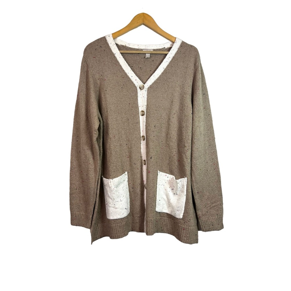 LOGO by Lori Goldstein Tan Cream Color Blocked Speckled Knit Cardigan Size L